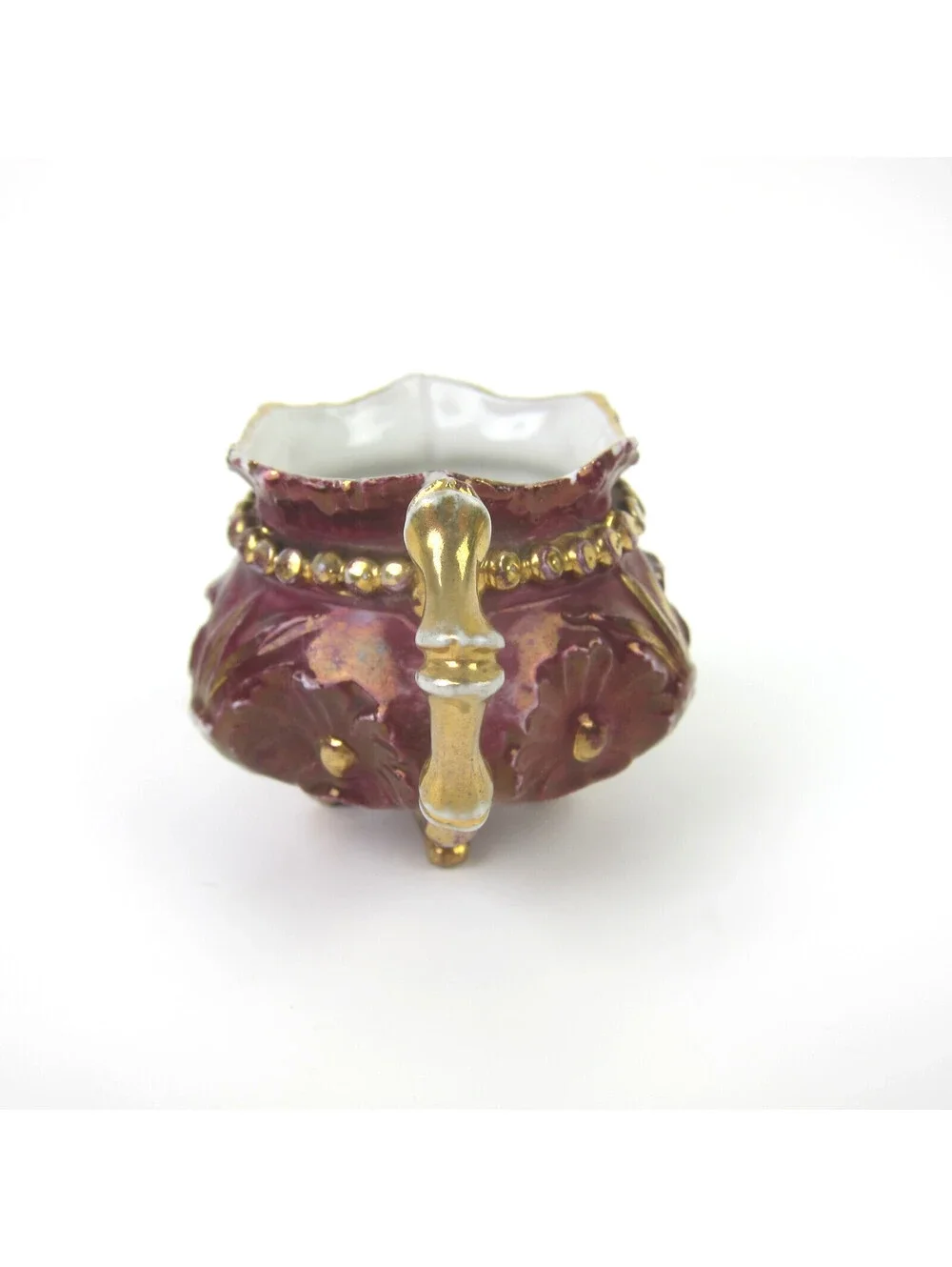 Antique Porcelain Footed Tea Cup & Saucer Set Burgundy & Gold Floral Demitasse